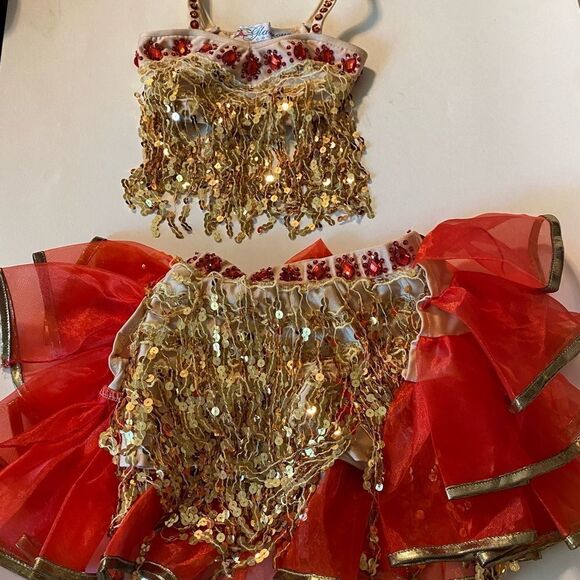 Glamour dance costume 2 piece red jewel gold fringe tutu dress small child SC - Picture 1 of 15